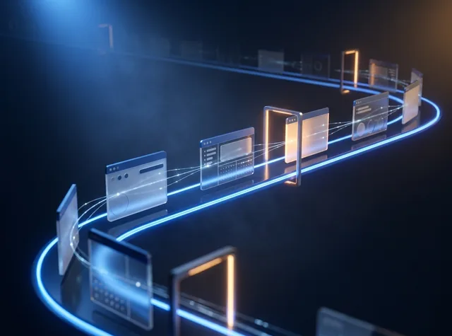 Glass tiles gliding along a curved track of light, each lighting up as it passes a gate.
