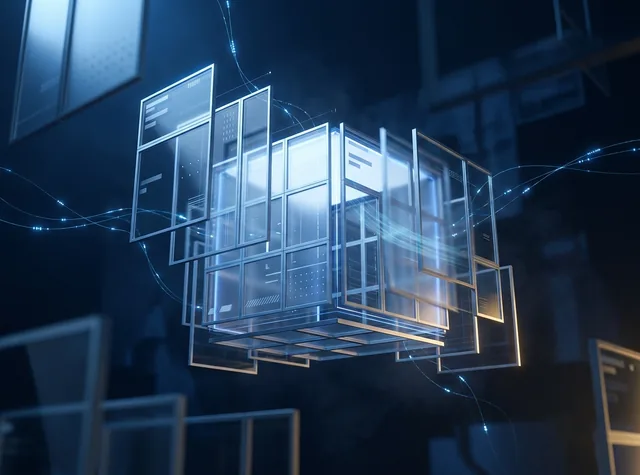 Glass sheets drawing in from every side and settling into one aligned block.