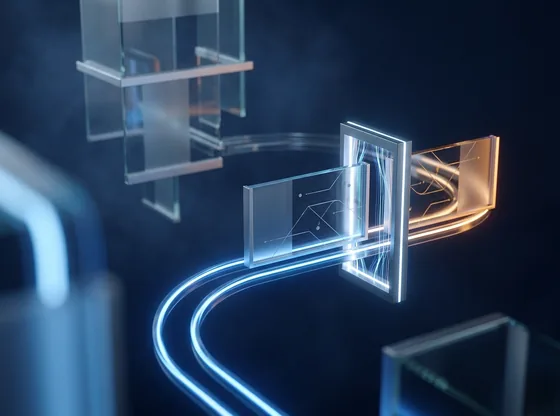 A glass panel gliding along a rail of light and leaving a glowing station complete.