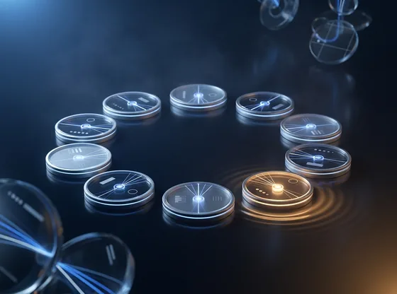 A ring of glass sensors around a centre, one glowing amber with a ripple spreading from it.