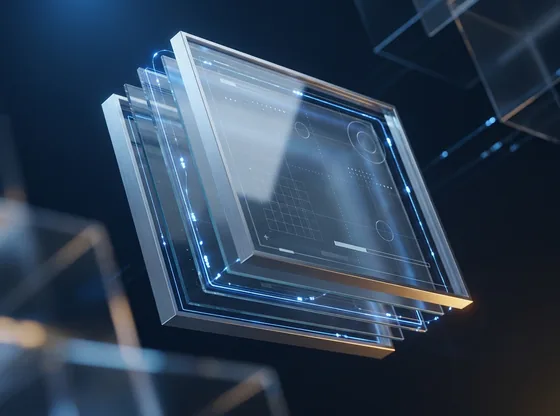 A glass application pane encased in a clear protective shell and a slim metal frame.