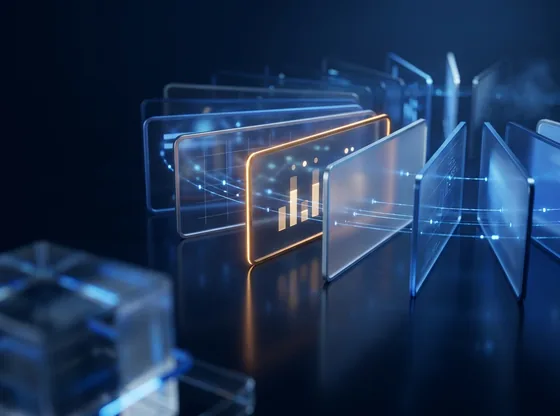 A fan of glass cards, the middle one lit with an amber edge.