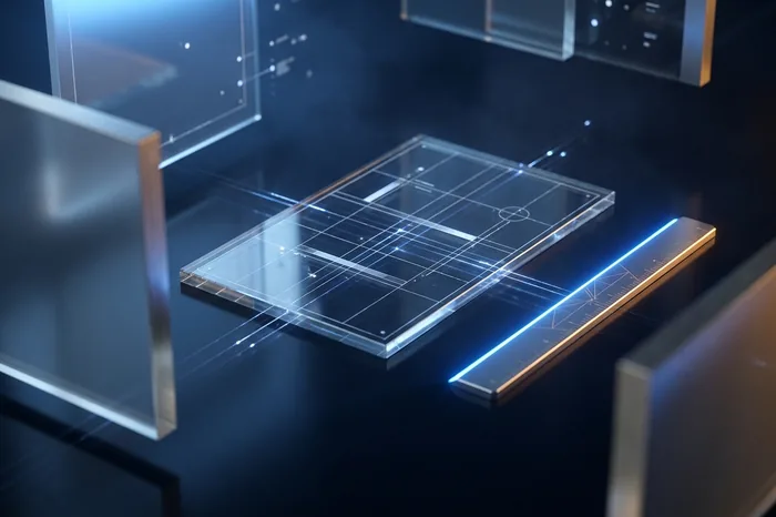A glass slab etched with a fine blueprint grid, a metal rule beside it.