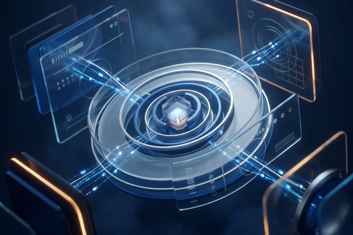 Concentric glass and aluminium rings arranged around a small bright core.