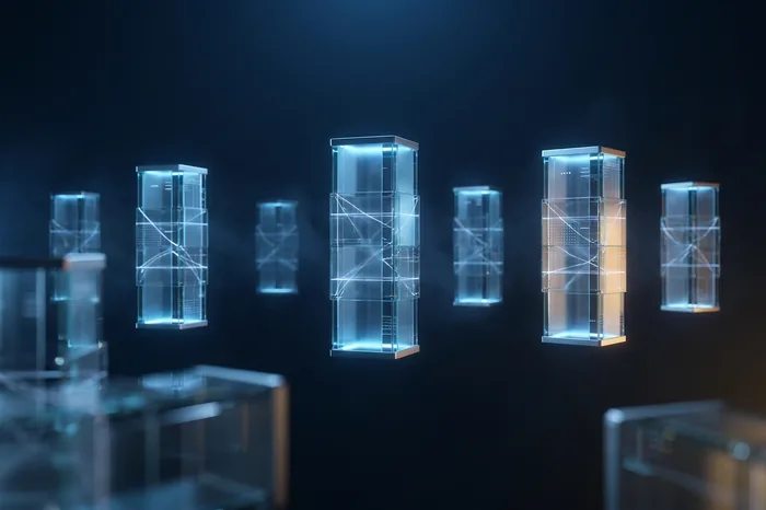 Six glowing glass towers standing apart, with nothing connecting them.