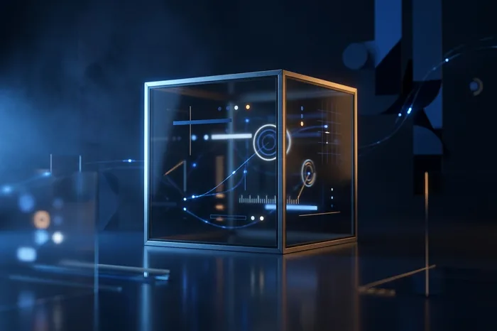 A sealed smoked-glass cube with shapes blurred inside it.